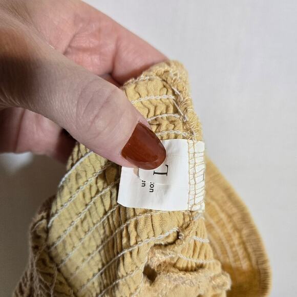 Butter Yellow Linen Bld Wide Leg Smocked Pants Lagenlook Large Bohemian Coastal - Picture 8 of 10
